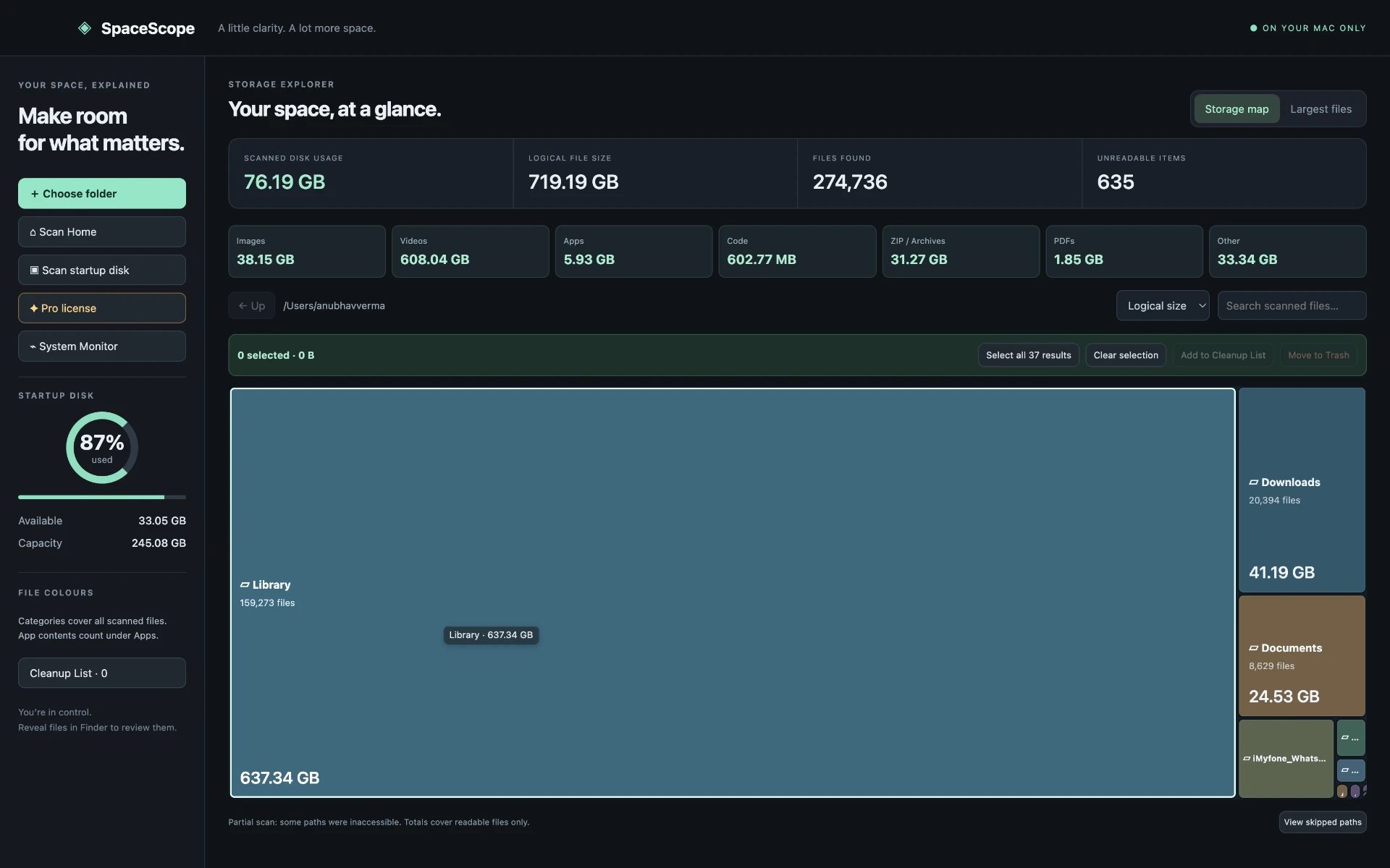 SpaceScope macOS app showing a storage scan, disk statistics, file categories, and a visual storage map